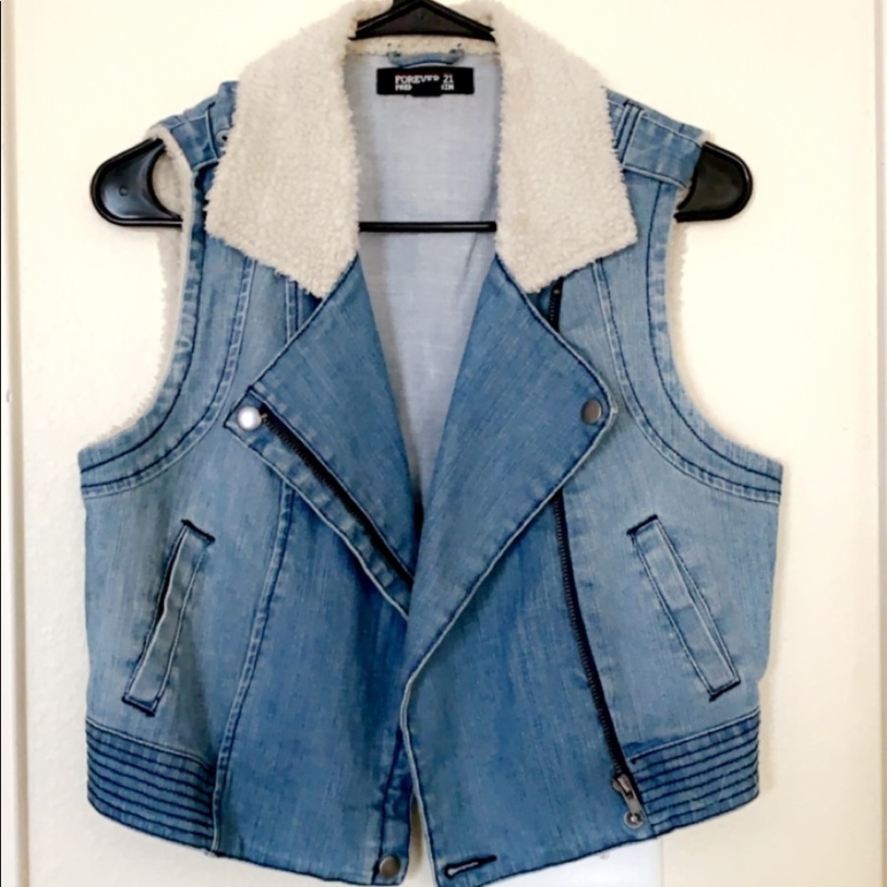 Women's Lamb Lined Denim Vest Jean Jacket